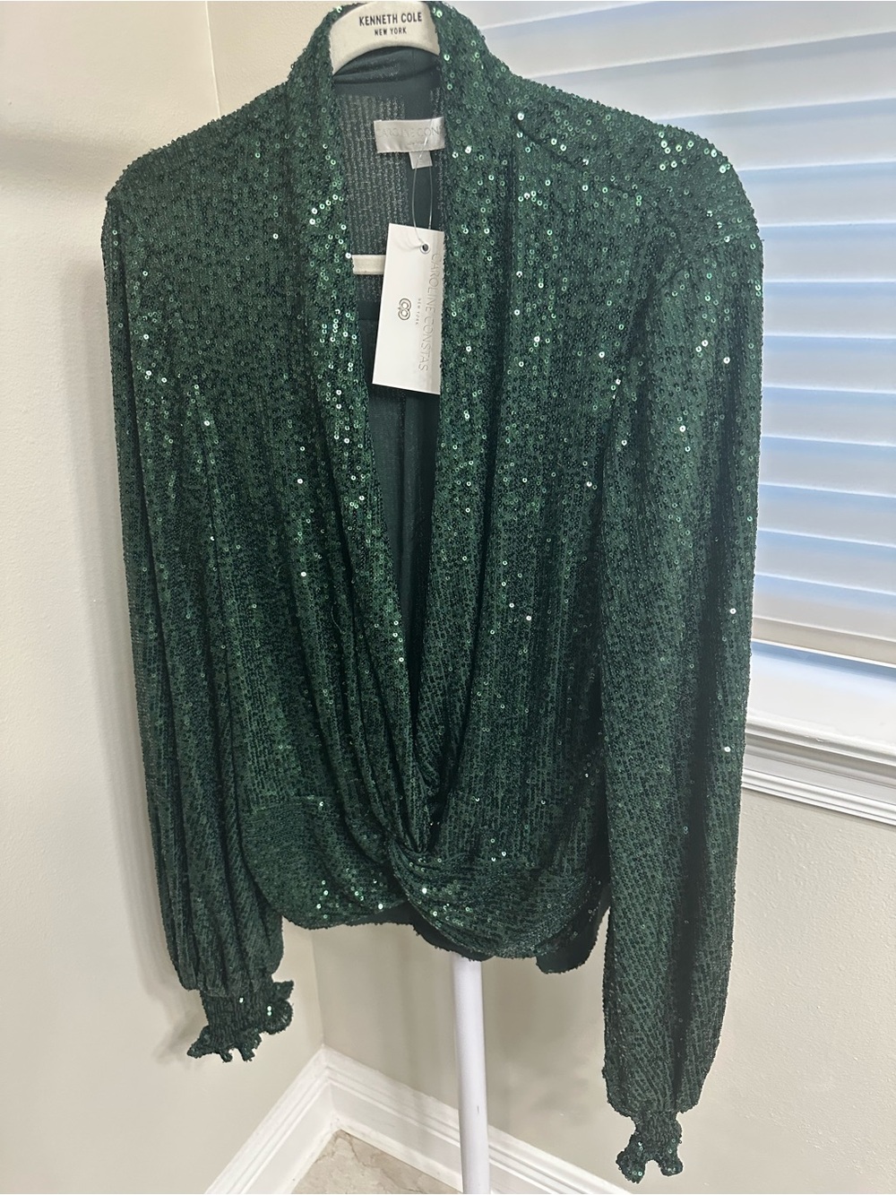 Caroline Constas Emerald Green Sequin Draped Blouse, Large, NWT